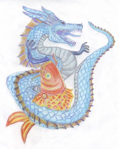 Hand drawing of a dragon and a Koi Carp